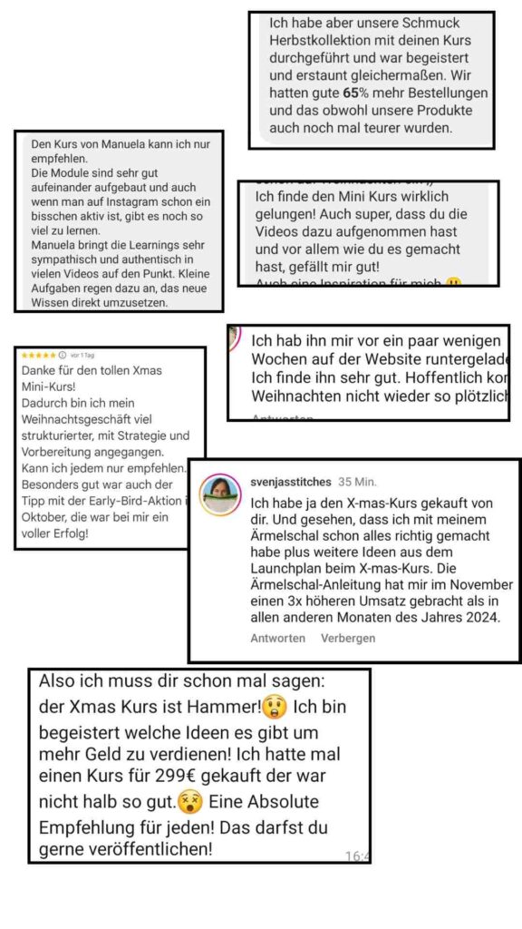 Kundenbewertungen zum Onlinekurs Umsatzsteigerung Onlineshop Weihnachten Erfahrung Dein Handmadecoach Onlinekurs für Handmade Shops